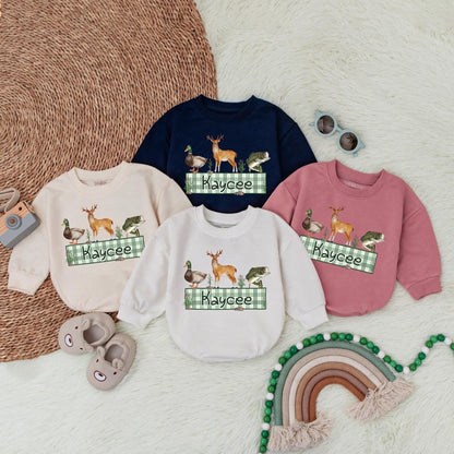 Personalized Name Mallard Duck Hunting Romper Sweater, Boy Ducking Hunter Baby Romper, Ducks Deer Fishing, hunting buddy, Newborn Bodysuit