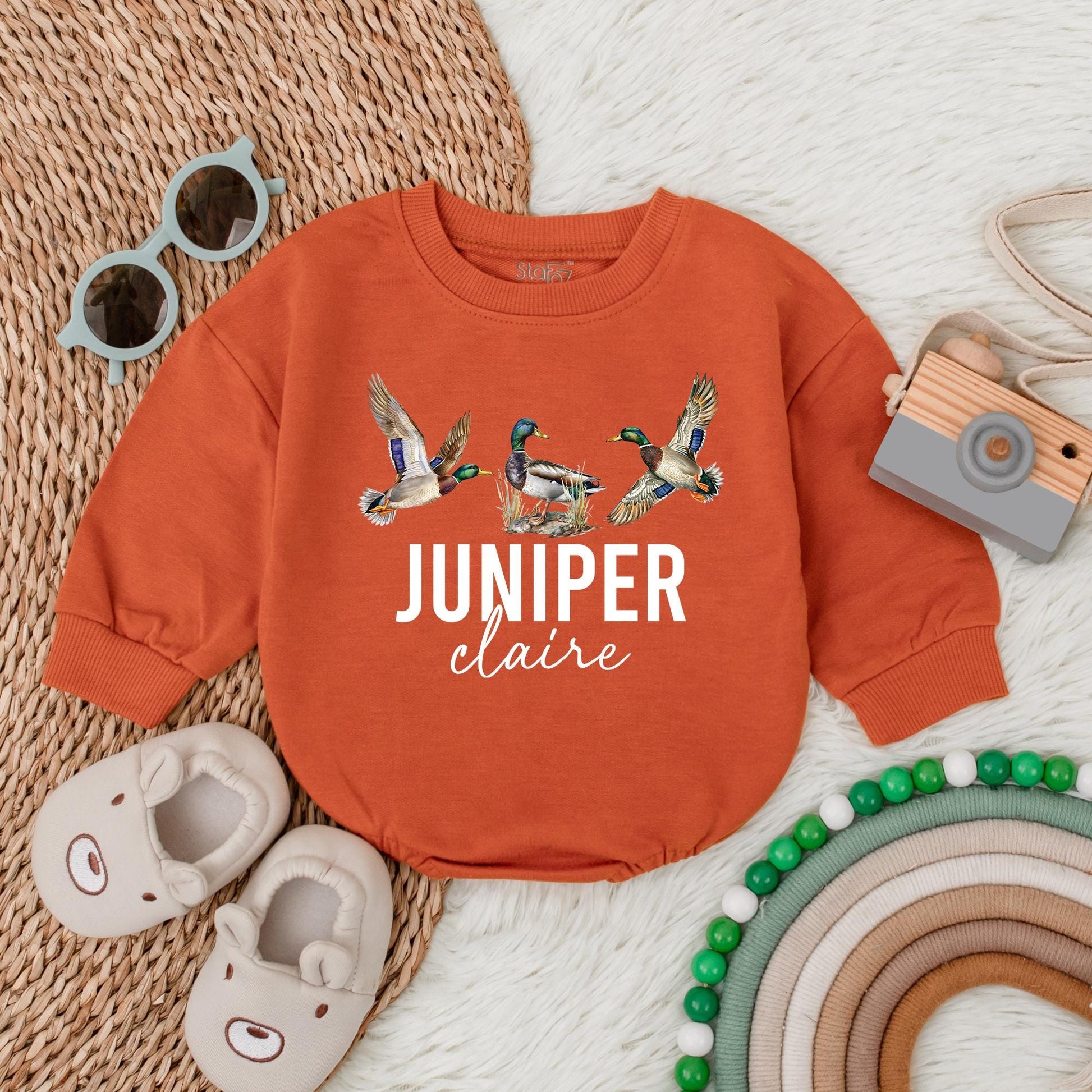 Personalized Mallard Duck Hunting Bubble Romper for Baby Boy | Cute Newborn Hunter Outfit with Deer & Fishing Theme | Perfect First Birthday Gift