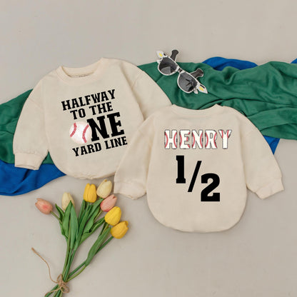 Custom Half Way To One Baseball Romper Retro Game Day Outfit for Boys 6 Months Birthday Gift Newborn