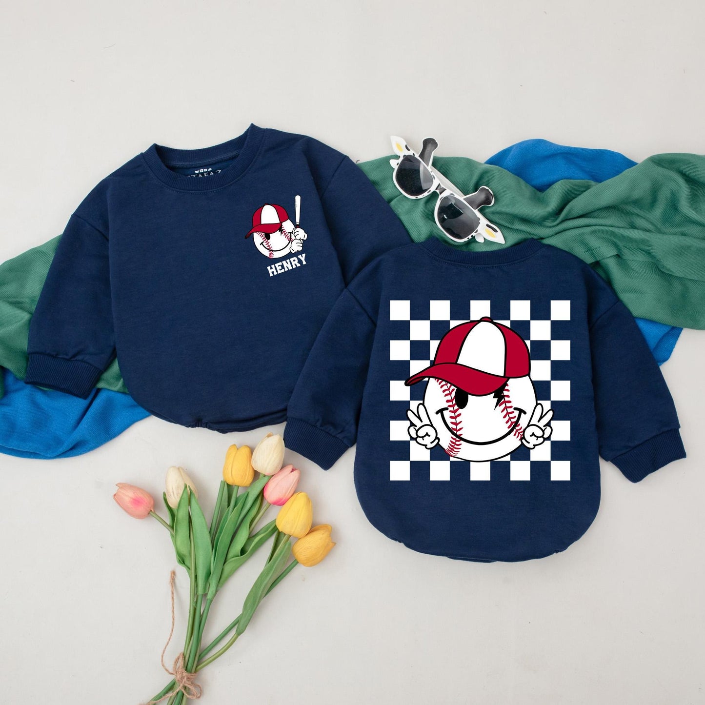 Henry's Retro Baseball Romper Custom Name Baby Boy Outfit Game Day Season Vintage Cartoon Bat