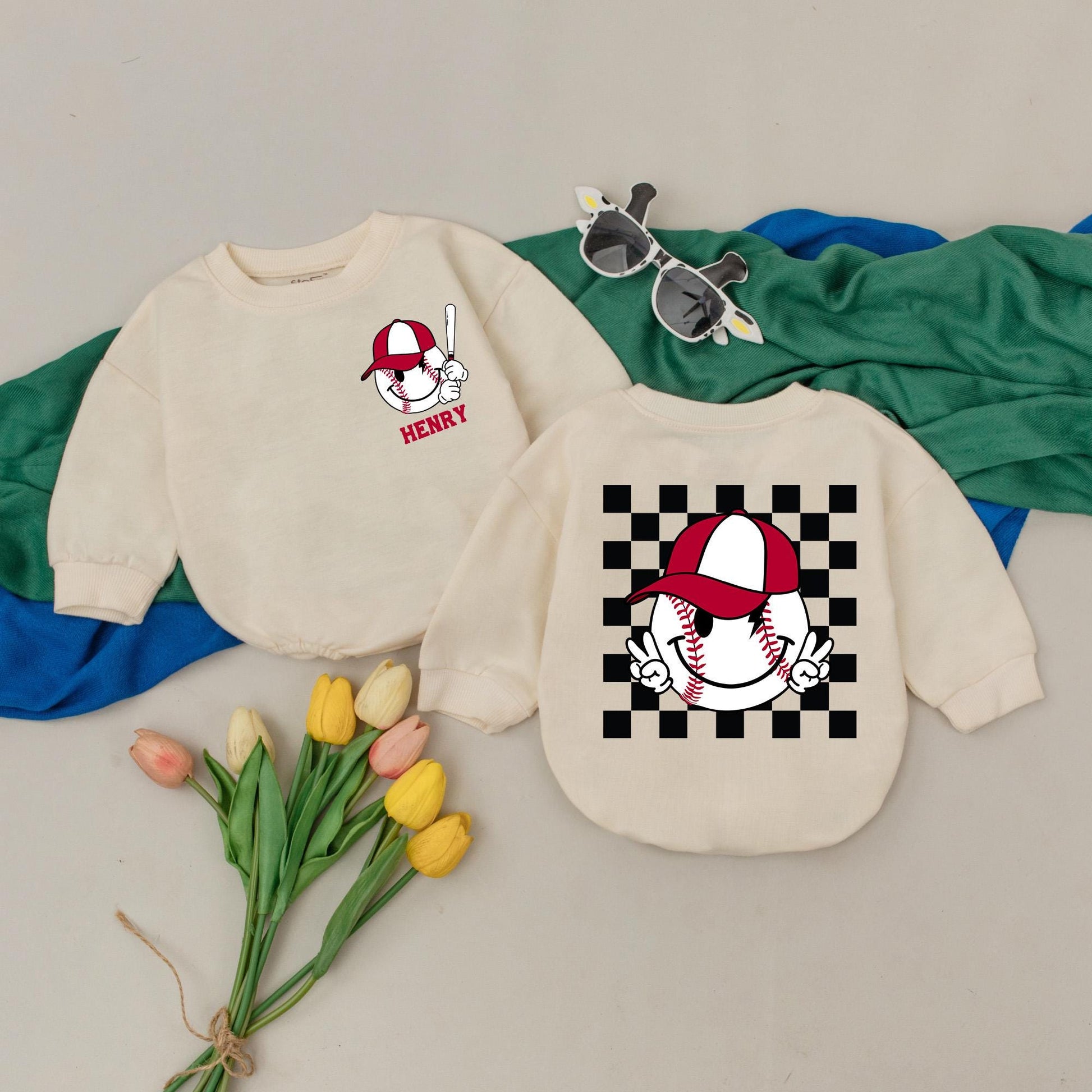 Henry's Retro Baseball Romper Custom Name Baby Boy Outfit Game Day Season Vintage Cartoon Bat