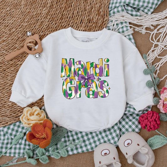 Mardi Gras Baby Girl Romper | Festive Bodysuit with Purple, Green & Gold Design | Cute Baby Outfit for Mardi Gras Party