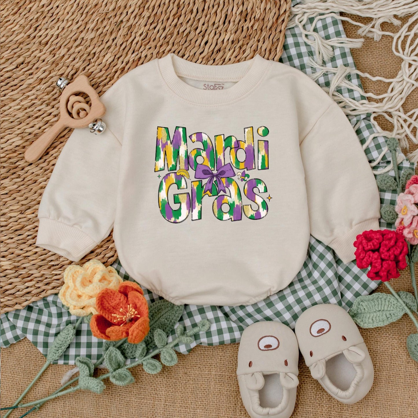 Mardi Gras Baby Girl Romper | Festive Bodysuit with Purple, Green & Gold Design | Cute Baby Outfit for Mardi Gras Party