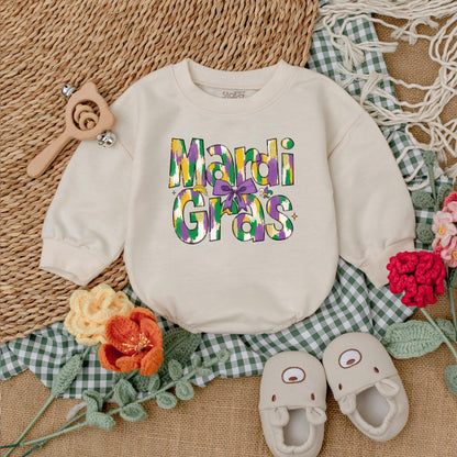 Mardi Gras Baby Girl Romper | Festive Bodysuit with Purple, Green & Gold Design | Cute Baby Outfit for Mardi Gras Party
