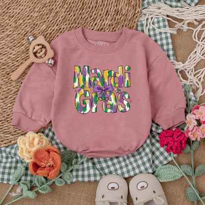 Mardi Gras Baby Girl Romper | Festive Bodysuit with Purple, Green & Gold Design | Cute Baby Outfit for Mardi Gras Party