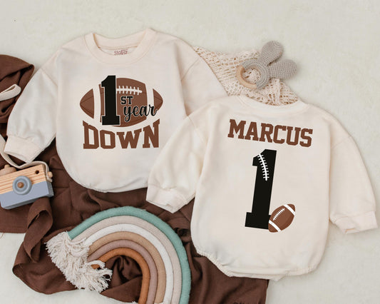 Personalized First Year Down Football Birthday Romper for Baby Boy, Soft Game Day Newborn Bodysuit Outfit Celebration Gift