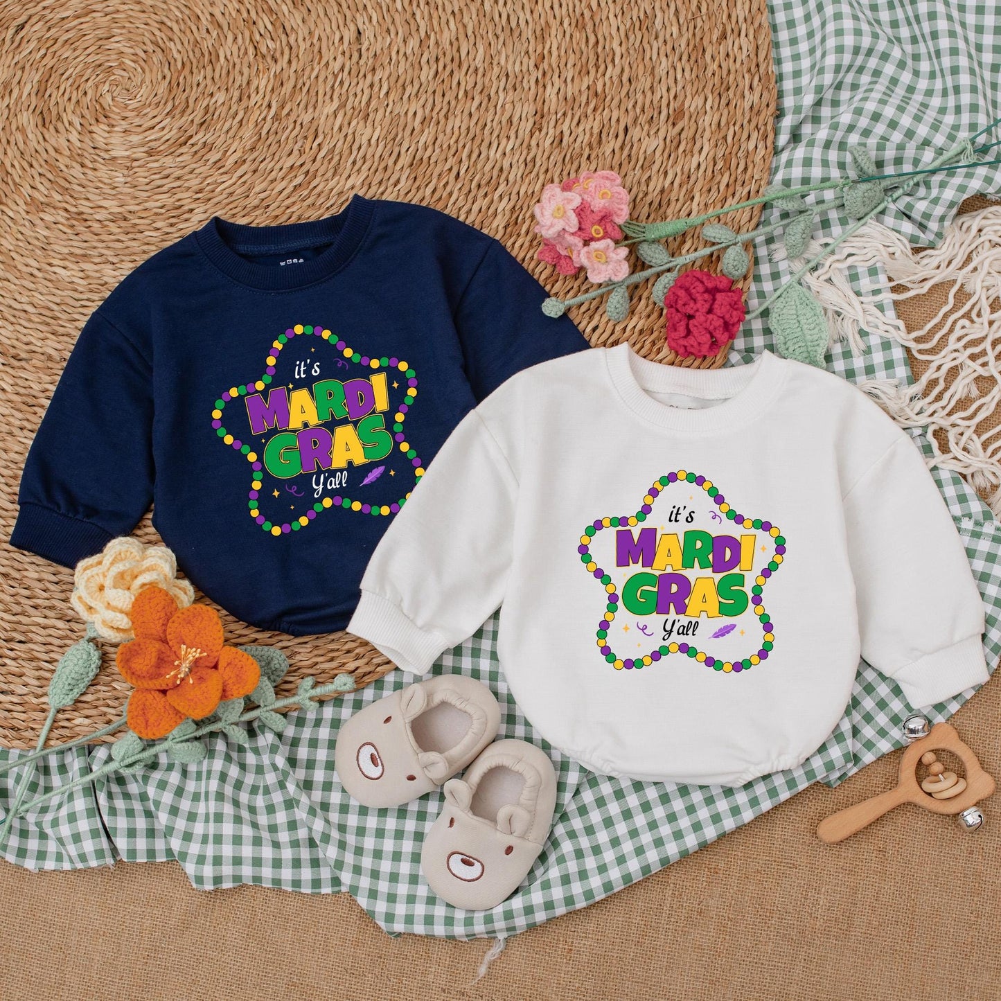 It's Mardi Gras Y'all Baby Romper - Purple & Gold Star Bead Design, Cute Mardi Gras Baby Outfit Gift