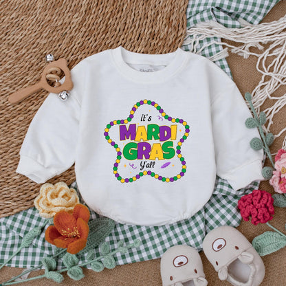 It's Mardi Gras Y'all Baby Romper - Purple & Gold Star Bead Design, Cute Mardi Gras Baby Outfit Gift