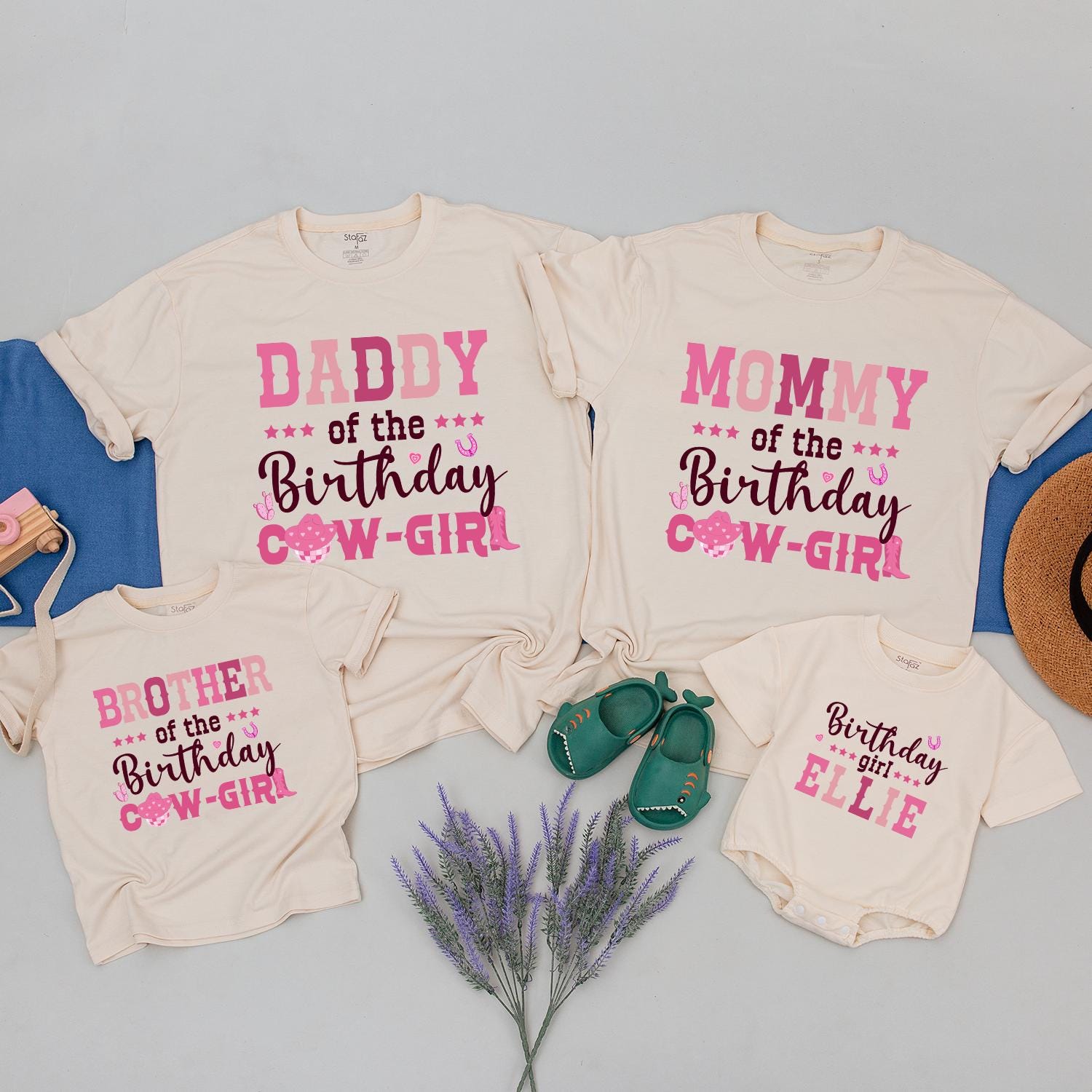 Pink Cowgirl Birthday Shirt for Family Matching Rodeo Western Country Party with Stars Hat Hearts Mom Daddy Brother Farm Celebration