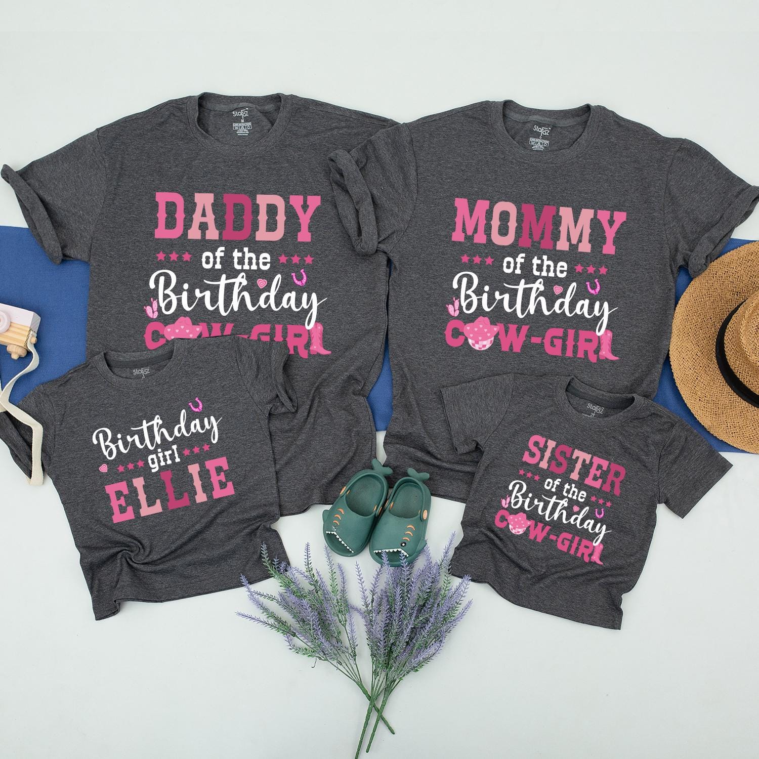 Pink Cowgirl Birthday Shirt for Family Matching Rodeo Western Country Party with Stars Hat Hearts Mom Daddy Brother Farm Celebration