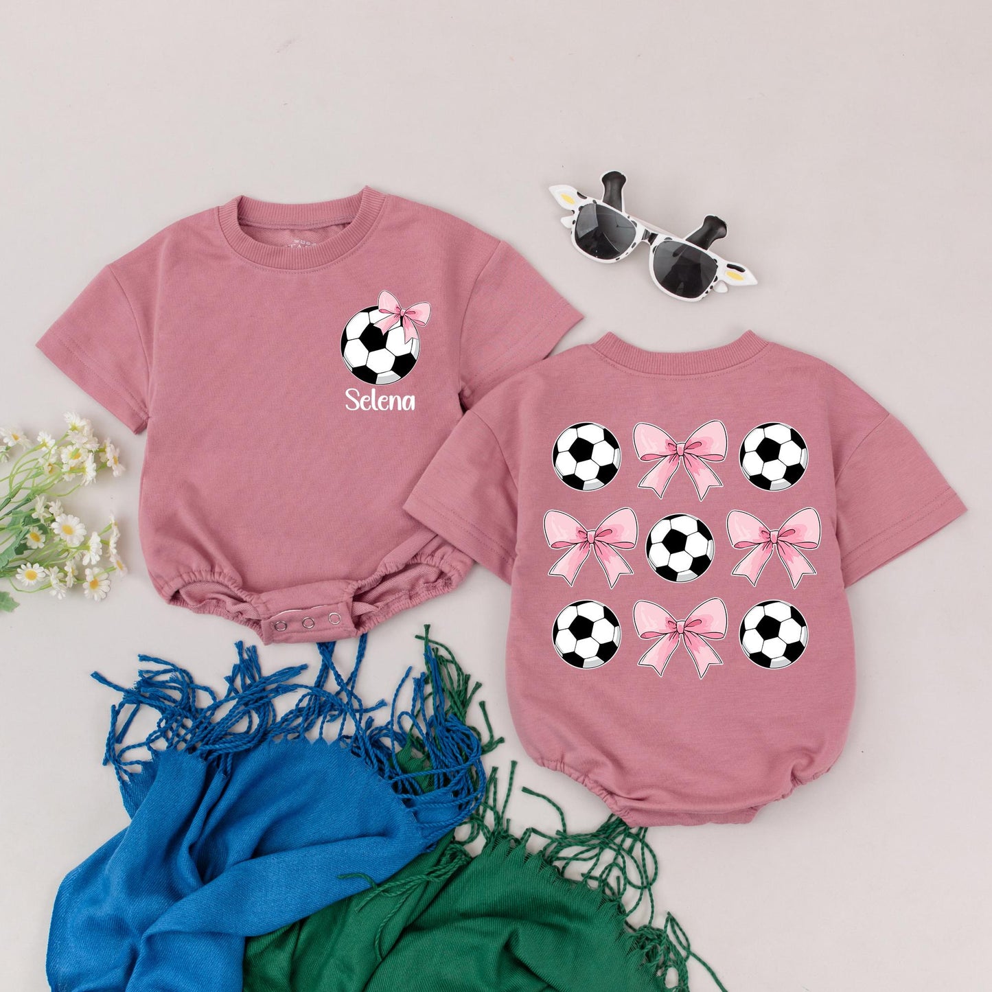 Personalized Soccer Bow Romper for Baby Girl Selena, Retro Game Day Outfit, Black White Pink, Sweet & Playful Design, First Birthday Gift