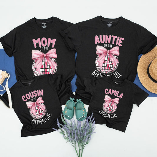 Custom Birthday Girl Disco Ball Bow Shirt Matching Family Birthday Tee Pink Disco Party Toddler Youth Outfit