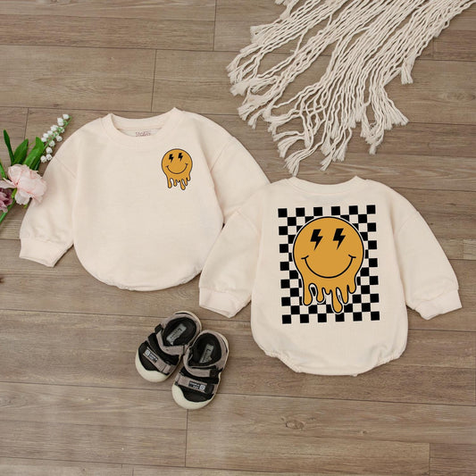 Happy Smiley Face Baby Romper & Checkered Sweatshirt Outfit Newborn & Toddler Clothes Gift, Retro Design, Cute Baby Shower Gift