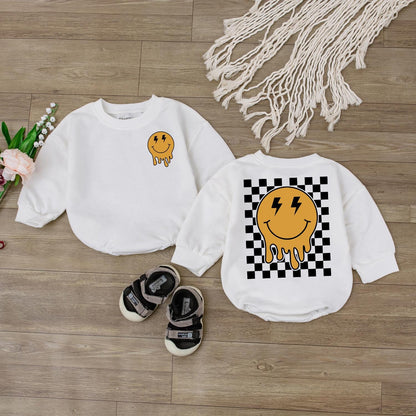 Happy Smiley Face Baby Romper & Checkered Sweatshirt Outfit Newborn & Toddler Clothes Gift, Retro Design, Cute Baby Shower Gift
