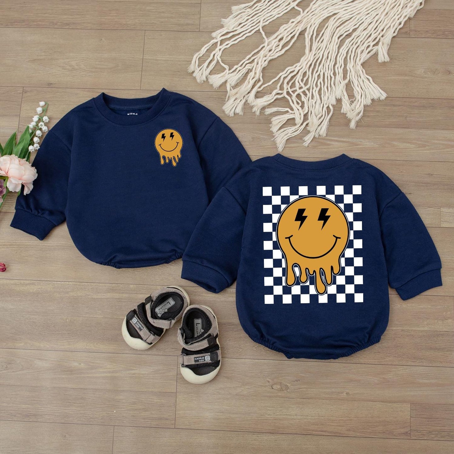Happy Smiley Face Baby Romper & Checkered Sweatshirt Outfit Newborn & Toddler Clothes Gift, Retro Design, Cute Baby Shower Gift