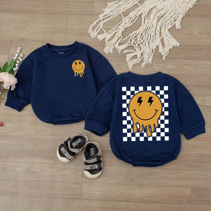Happy Smiley Face Baby Romper & Checkered Sweatshirt Outfit Newborn & Toddler Clothes Gift, Retro Design, Cute Baby Shower Gift