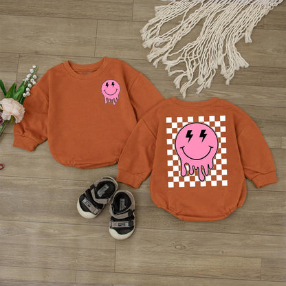 Smiley Face Girl Baby Romper Cute Retro Checkered Sweatshirt Outfit Happy Face Toddler Clothes Baby Shower Gift Newborn Clothes
