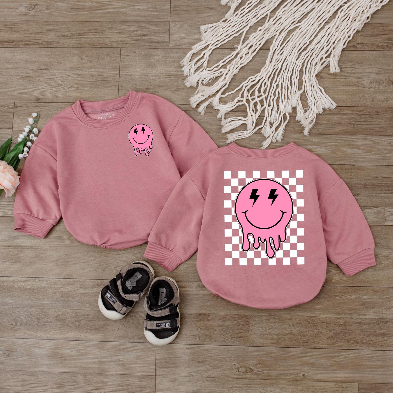 Smiley Face Girl Baby Romper Cute Retro Checkered Sweatshirt Outfit Happy Face Toddler Clothes Baby Shower Gift Newborn Clothes