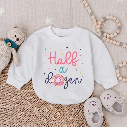 Half a Dozen Bubble Romper – Halfway to One Birthday Outfit – Cute Baby Milestone Romper – Personalized 6-Month Birthday Romper