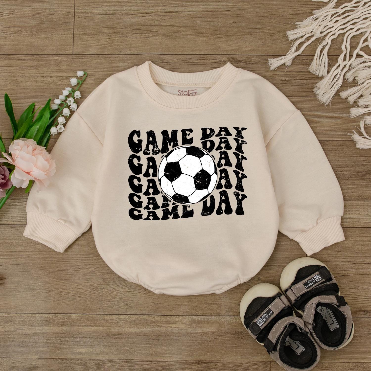 Cute Baby Boy Game Day Football Bodysuit Romper Retro Soccer Jumpsuit Outfit for Kids and Infants, Perfect Baseball Sport Fan Apparel