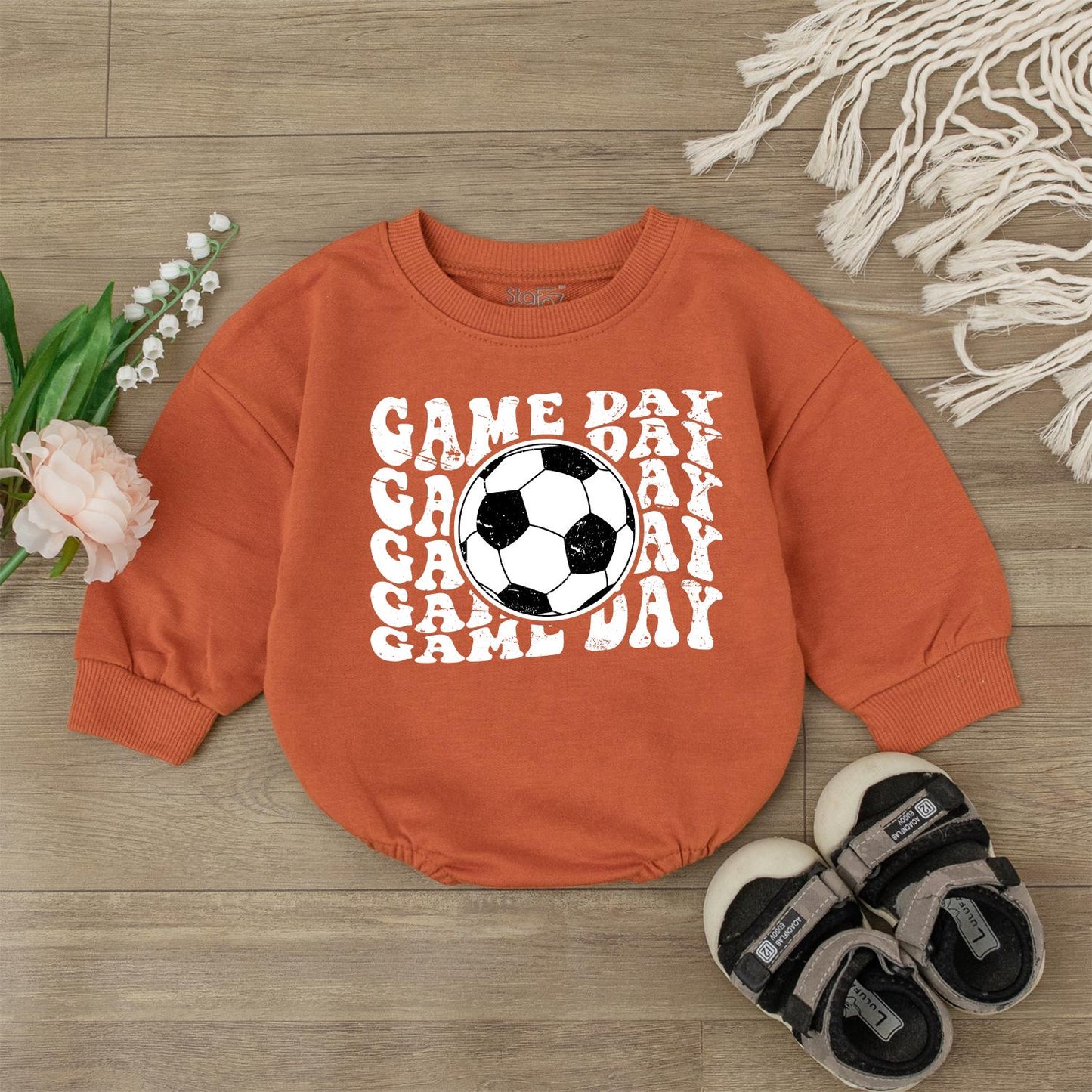Cute Baby Boy Game Day Football Bodysuit Romper Retro Soccer Jumpsuit Outfit for Kids and Infants, Perfect Baseball Sport Fan Apparel