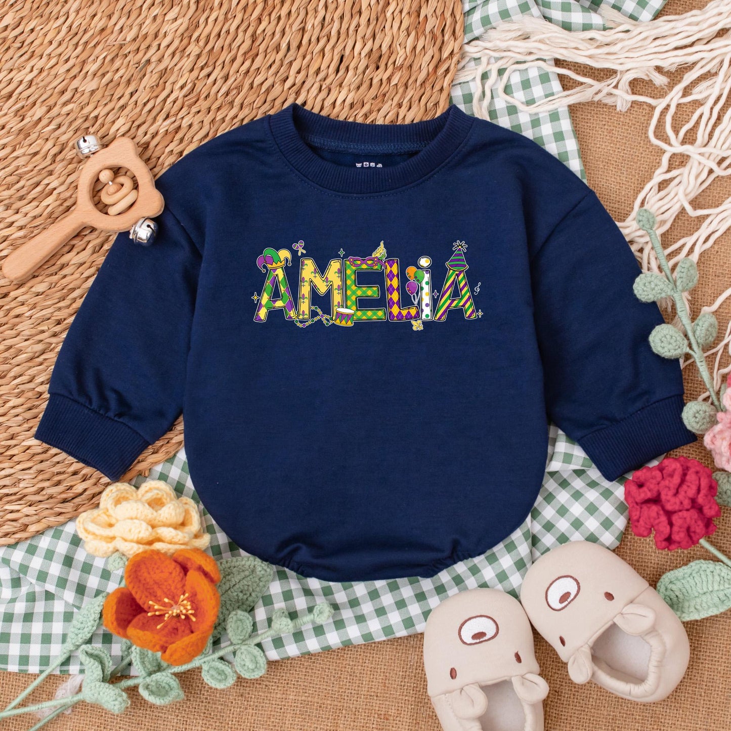 Cute Mardi Gras Bubble Romper for Baby Girls Customizable with Festive Designs and Colors Perfect for Parties and Baby Shower Gifts