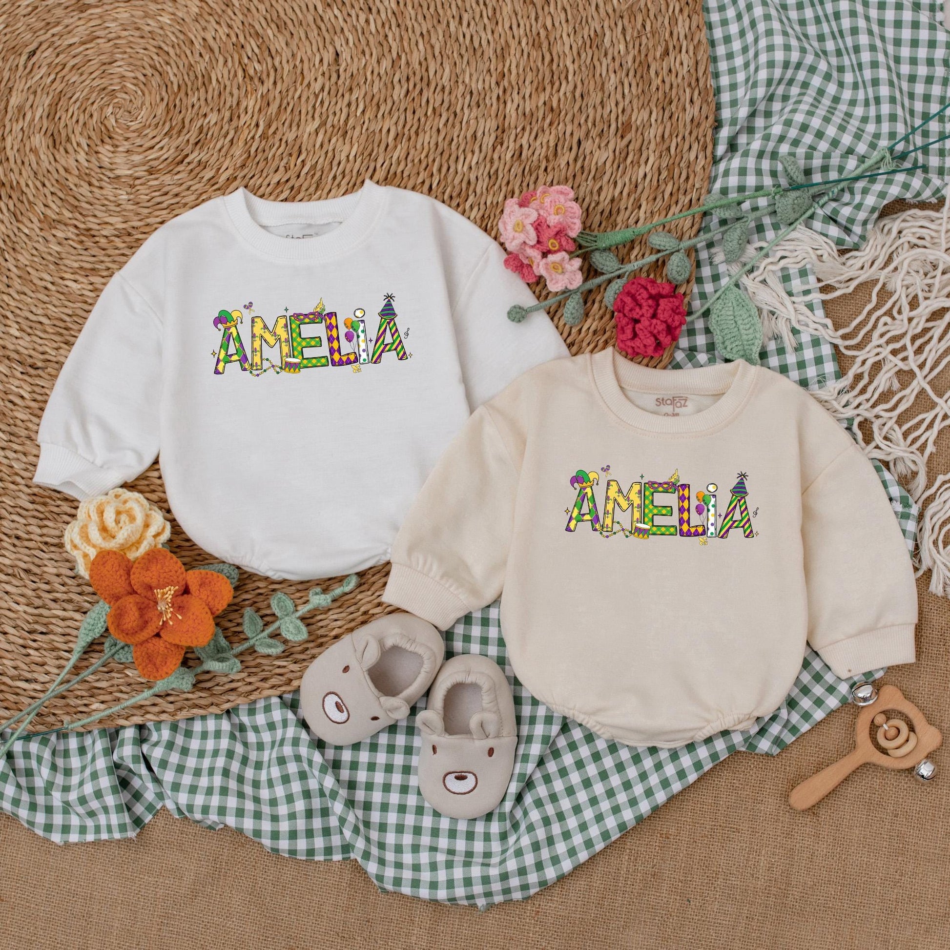 Cute Mardi Gras Bubble Romper for Baby Girls Customizable with Festive Designs and Colors Perfect for Parties and Baby Shower Gifts