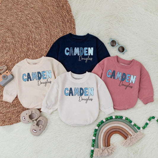 Personalized Baby Boy Name Bubble Romper Oversized Bodysuit Infant Toddler Shower Gift Birthday Outfit Soft Comfortable One-Piece Tee