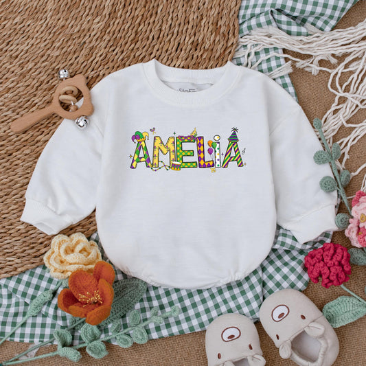 Cute Mardi Gras Bubble Romper for Baby Girls Customizable with Festive Designs and Colors Perfect for Parties and Baby Shower Gifts