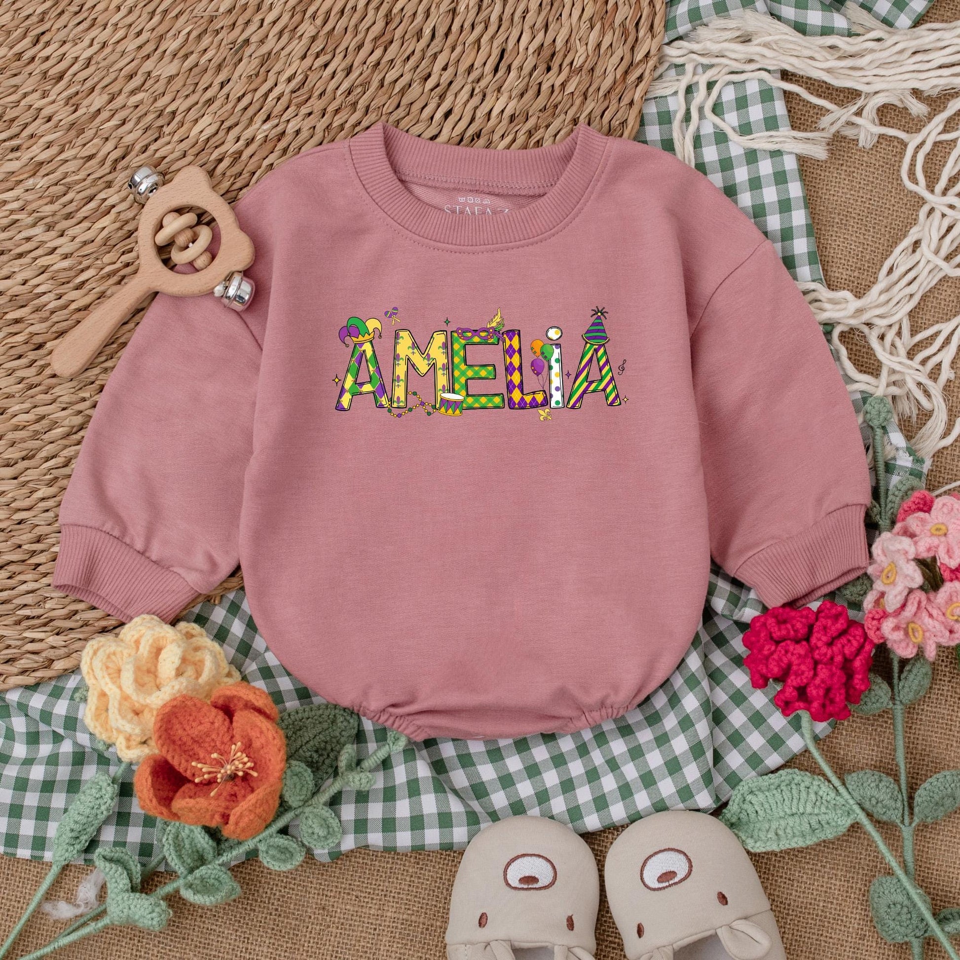 Cute Mardi Gras Bubble Romper for Baby Girls Customizable with Festive Designs and Colors Perfect for Parties and Baby Shower Gifts