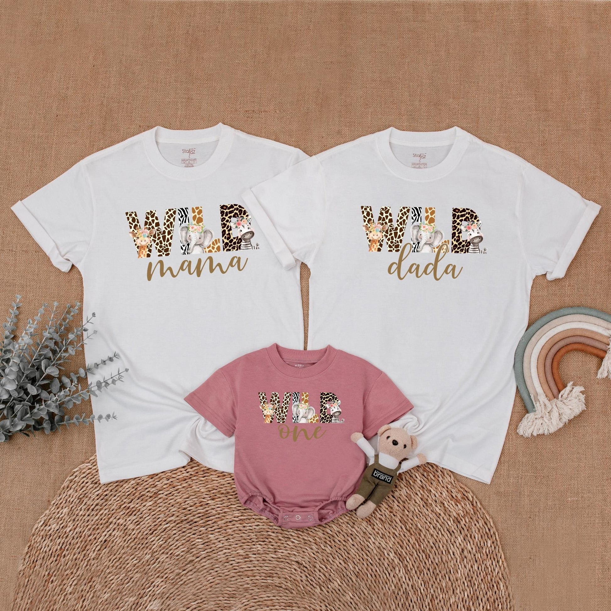 Wild Safari Animal Print Birthday Family Shirts Mommy Dada Sister One Matching Outfits Zoo Celebration Clothes Cute Giraffe Elephant Zebra Floral Headpiece