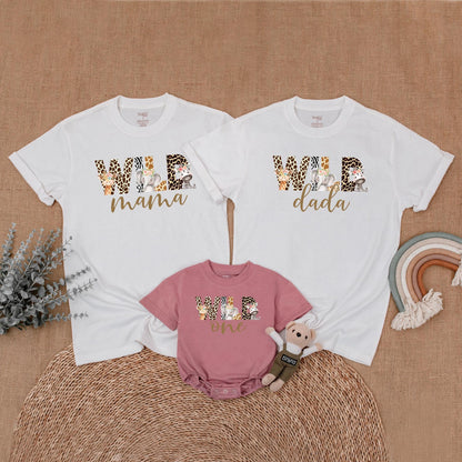 Wild Safari Animal Print Birthday Family Shirts Mommy Dada Sister One Matching Outfits Zoo Celebration Clothes Cute Giraffe Elephant Zebra Floral Headpiece