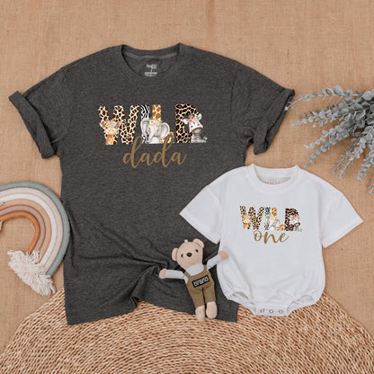 Wild Safari Animal Print Birthday Family Shirts Mommy Dada Sister One Matching Outfits Zoo Celebration Clothes Cute Giraffe Elephant Zebra Floral Headpiece
