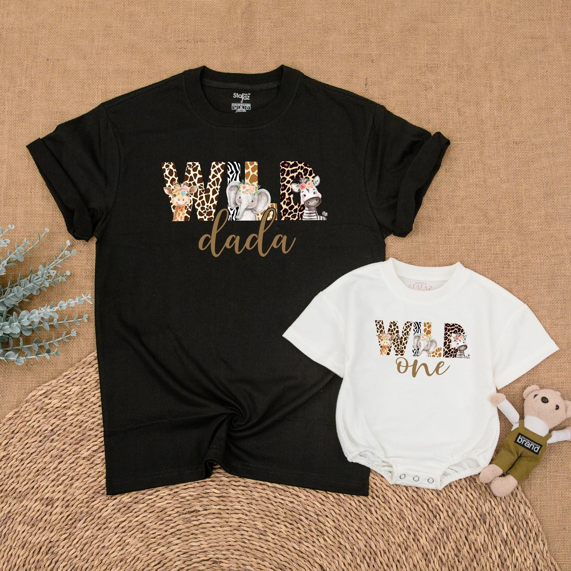 Wild Safari Animal Print Birthday Family Shirts Mommy Dada Sister One Matching Outfits Zoo Celebration Clothes Cute Giraffe Elephant Zebra Floral Headpiece