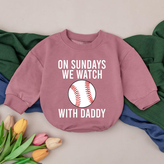 On Sundays We Watch Baseball With Daddy Romper Baby Boy Girl Gift Game Day Outfit Custom Name Baseball Birthday Newborn