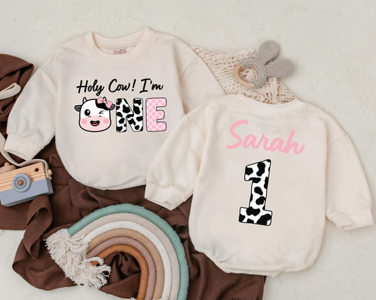 Holy Cow I'm One Romper Retro Western Baby Girl Outfit First Birthday Gift Custom Cowgirl Birthday Outfit