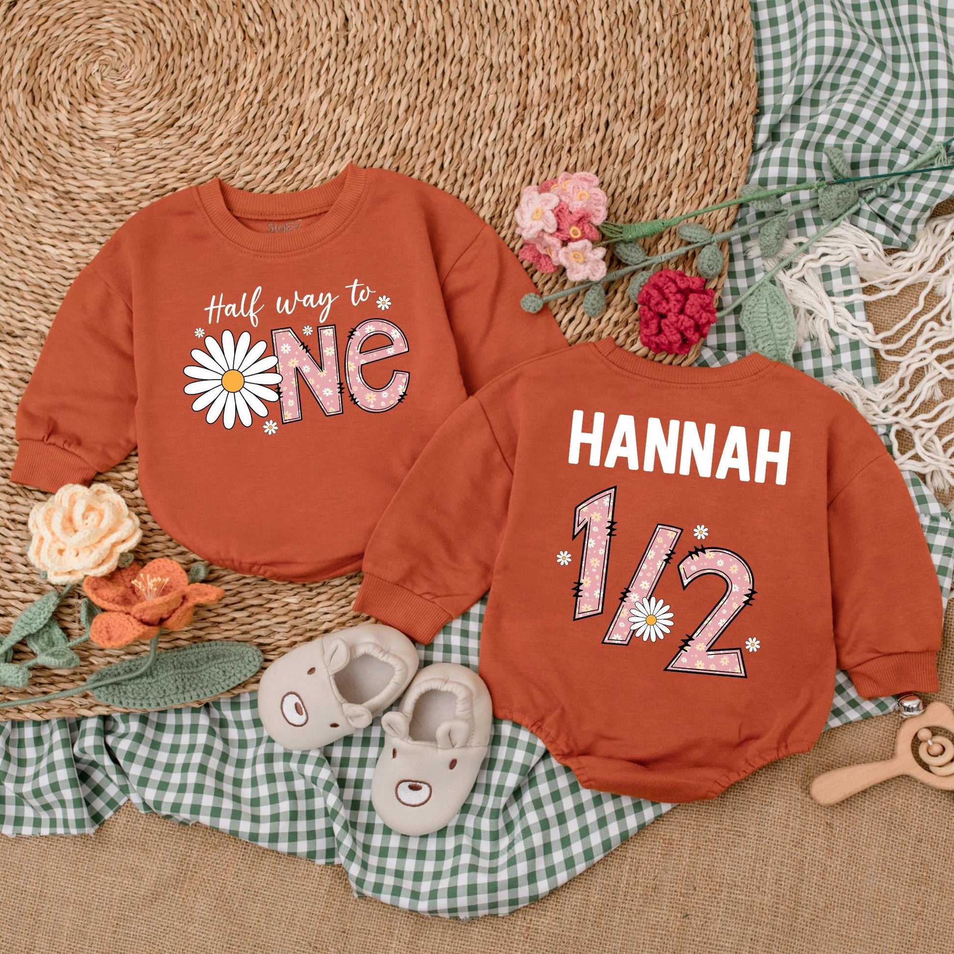 Personalized Daisy Half Way to One Romper Baby Girl Half Birthday Outfit 6 Months Daisy Flower Boho Birthday Gift