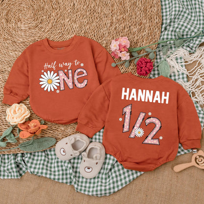 Personalized Daisy Half Way to One Romper Baby Girl Half Birthday Outfit 6 Months Daisy Flower Boho Birthday Gift
