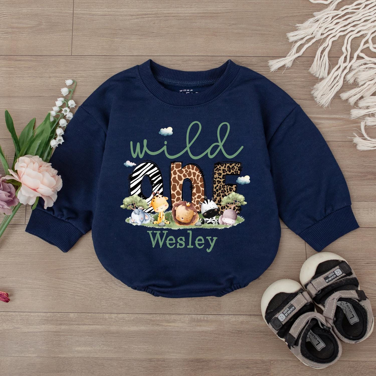 Personalized Wild One Safari Bubble Romper Adorable Baby Boys Clothes 1st Birthday Outfit Jungle Animal Theme Shower Gift
