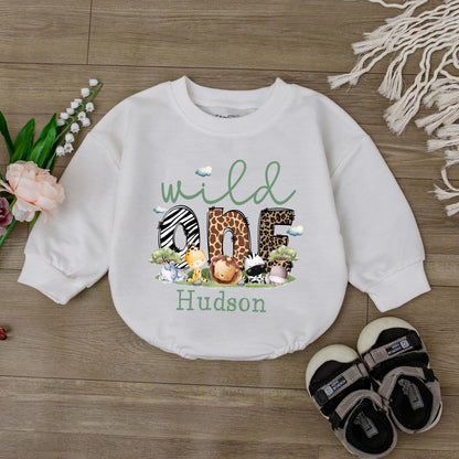 Personalized Wild One Safari Bubble Romper Adorable Baby Boys Clothes 1st Birthday Outfit Jungle Animal Theme Shower Gift