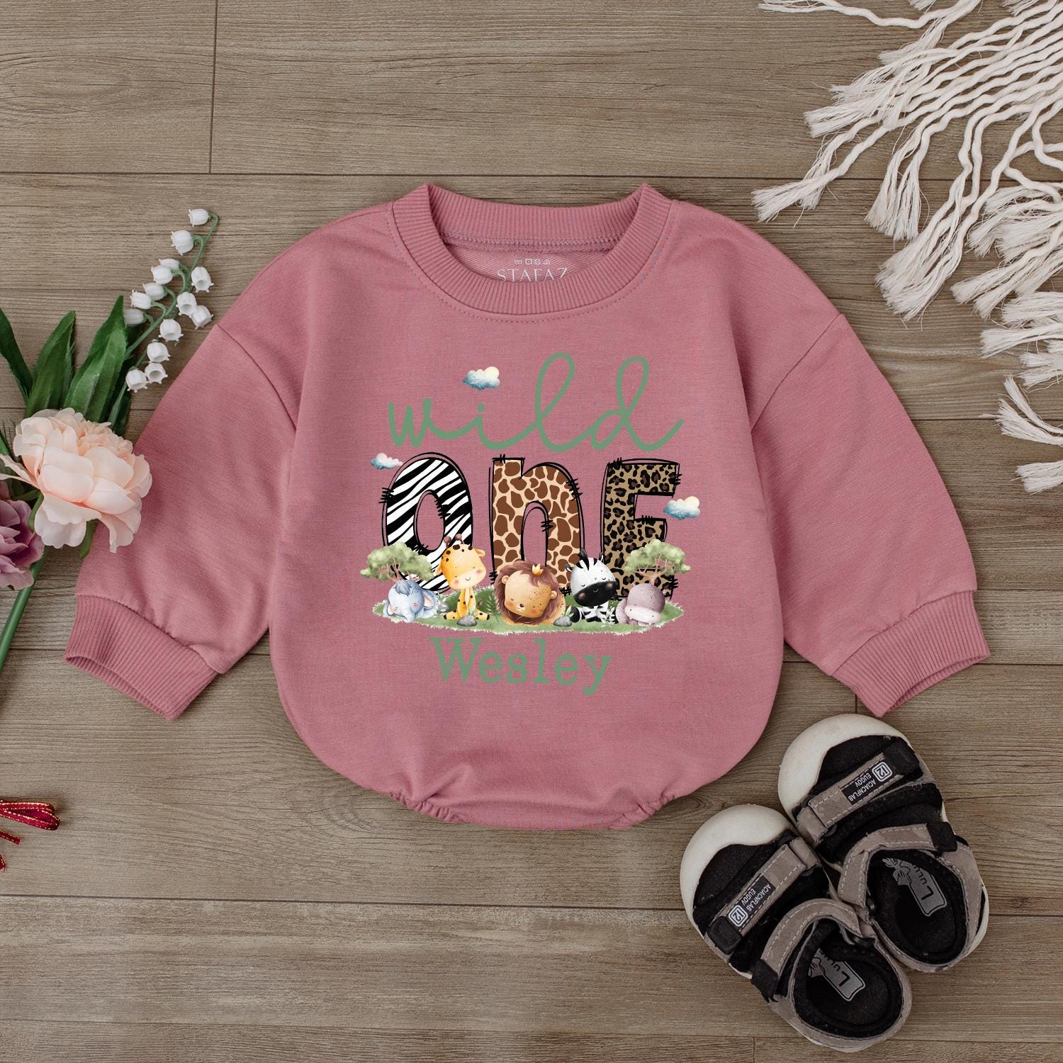 Personalized Wild One Safari Bubble Romper Adorable Baby Boys Clothes 1st Birthday Outfit Jungle Animal Theme Shower Gift