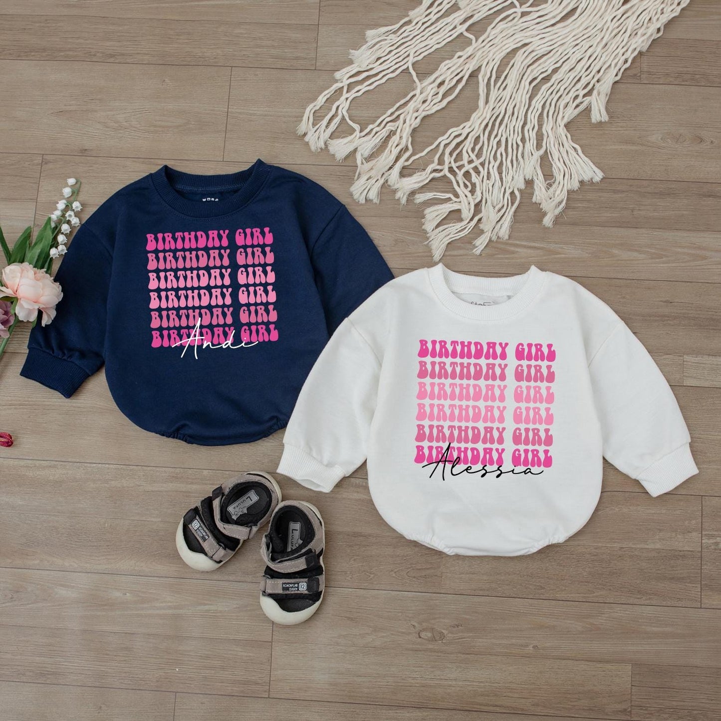 Personalized Pink Birthday Girl Long-Sleeve Bubble Romper First Birthday Outfit for One Year Old Baby Girl Soft Cotton Gift