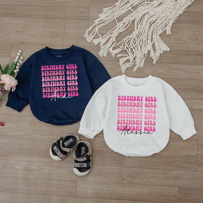 Personalized Pink Birthday Girl Long-Sleeve Bubble Romper First Birthday Outfit for One Year Old Baby Girl Soft Cotton Gift