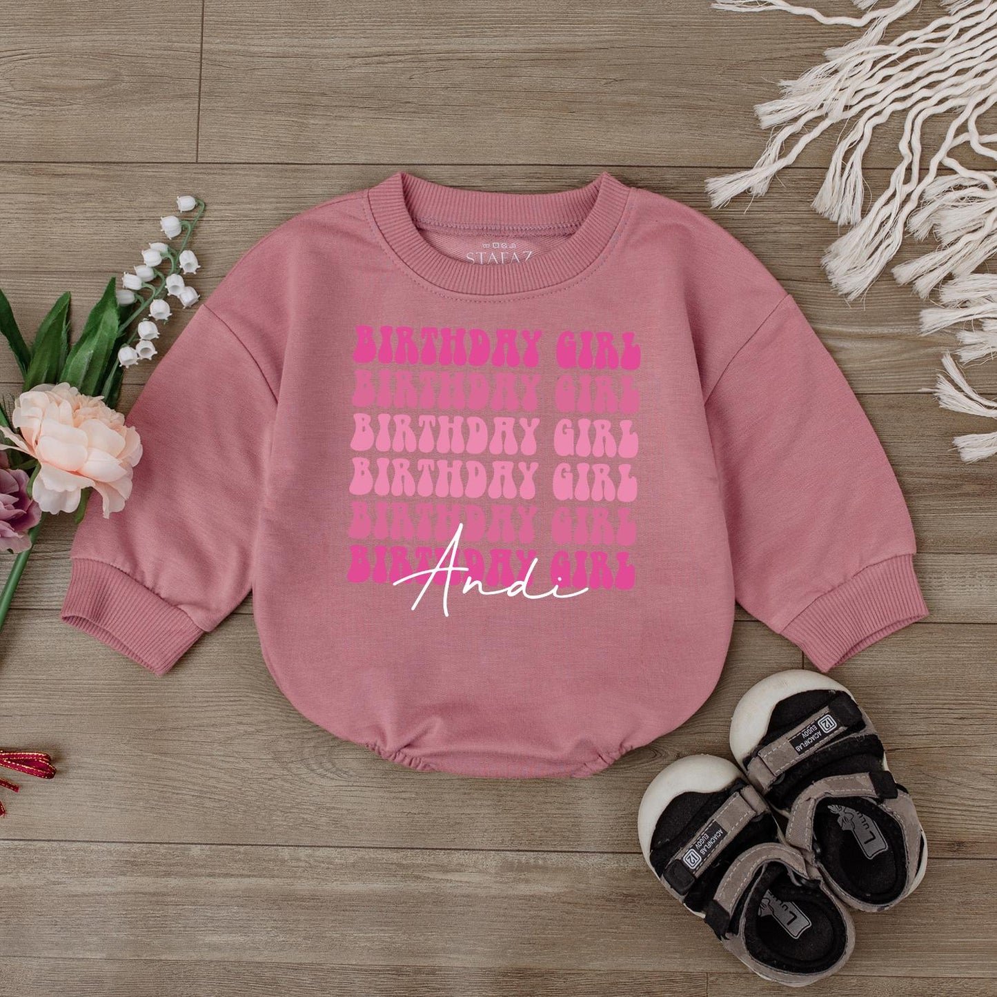 Personalized Pink Birthday Girl Long-Sleeve Bubble Romper First Birthday Outfit for One Year Old Baby Girl Soft Cotton Gift