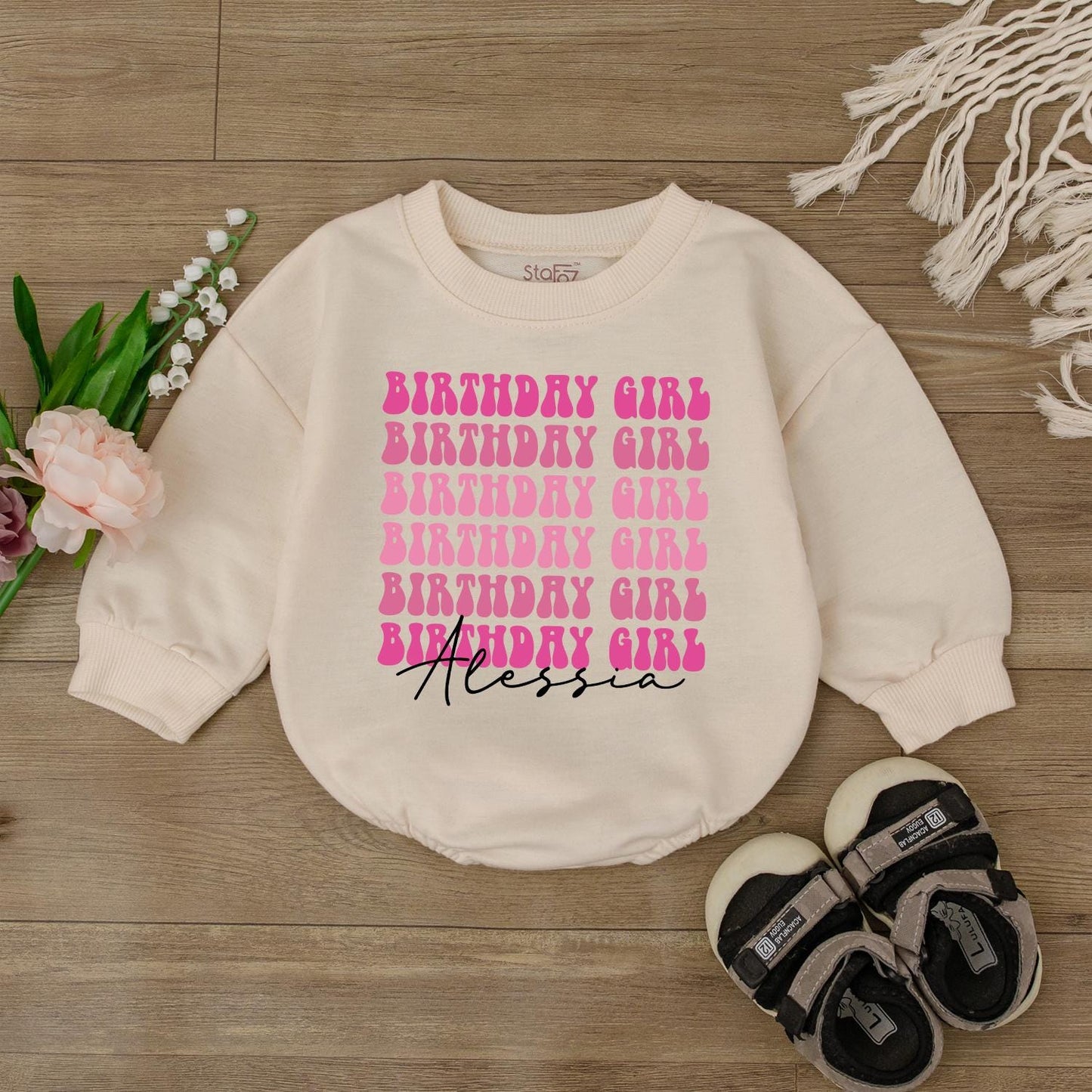 Personalized Pink Birthday Girl Long-Sleeve Bubble Romper First Birthday Outfit for One Year Old Baby Girl Soft Cotton Gift