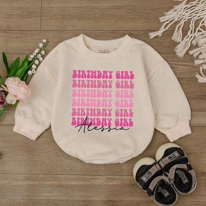 Personalized Pink Birthday Girl Long-Sleeve Bubble Romper First Birthday Outfit for One Year Old Baby Girl Soft Cotton Gift