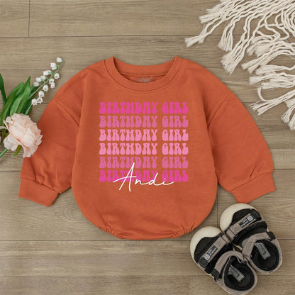 Personalized Pink Birthday Girl Long-Sleeve Bubble Romper First Birthday Outfit for One Year Old Baby Girl Soft Cotton Gift