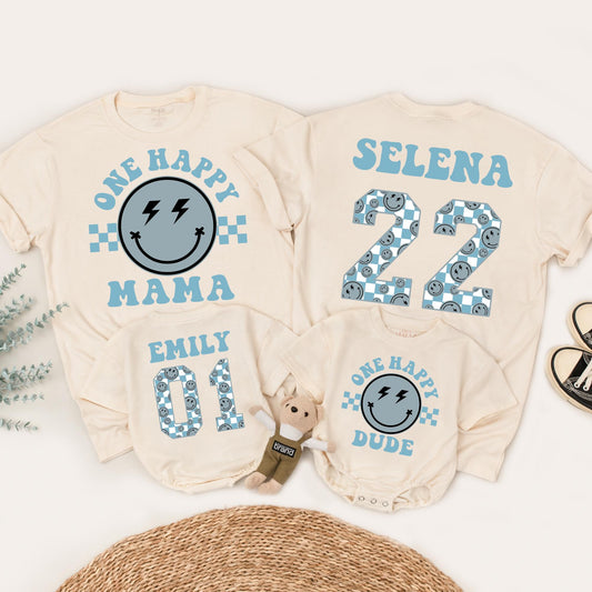 One Happy Dude 1st Birthday Outfit Matching Family Shirts Smiley Face Baby Boy Tee Muted Blue Lightning Bolt Eyes Cheerful Toddler Bodysuit Set