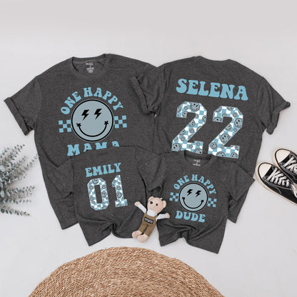 One Happy Dude 1st Birthday Outfit Matching Family Shirts Smiley Face Baby Boy Tee Muted Blue Lightning Bolt Eyes Cheerful Toddler Bodysuit Set