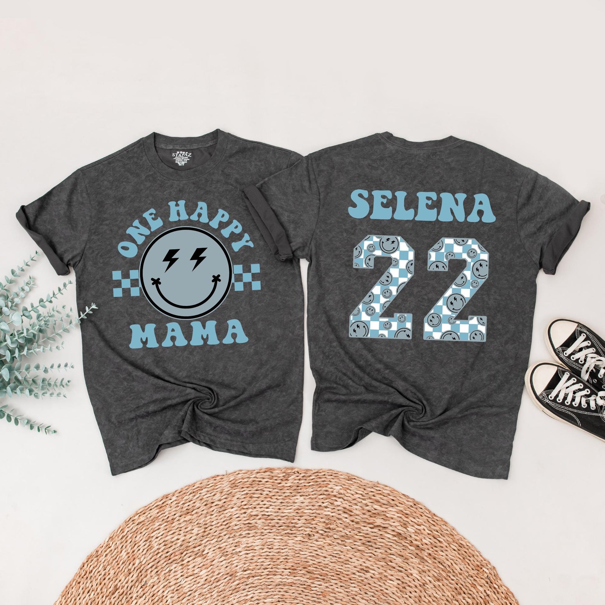 One Happy Dude 1st Birthday Outfit Matching Family Shirts Smiley Face Baby Boy Tee Muted Blue Lightning Bolt Eyes Cheerful Toddler Bodysuit Set